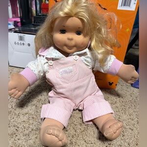 VTG 80s Kid Sister Rubber Head Soft Bodied Plush Doll Pink Overalls